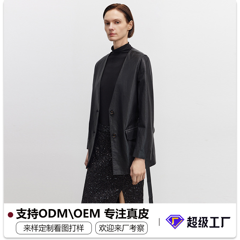 春季新款海宁高端气质来样定制工厂黑色修身短款真皮皮衣外套女