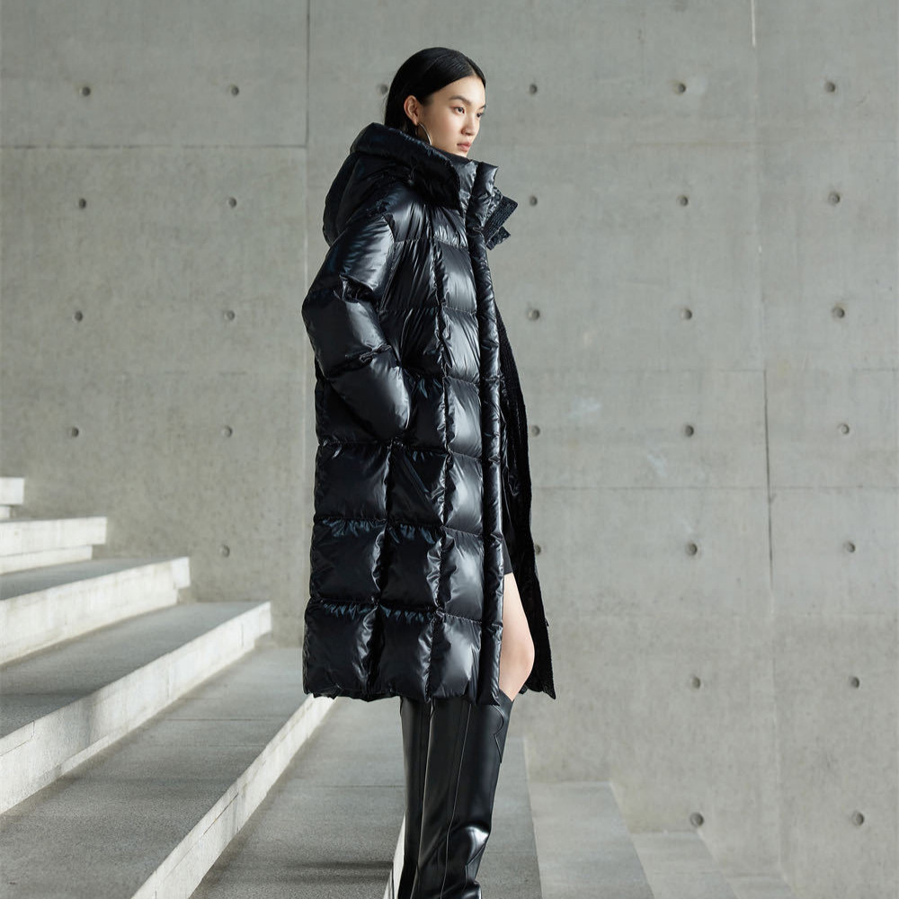 高端轻奢黑钻中长款连帽羽绒服90白鸭绒抽绳过膝加厚防风设计现货