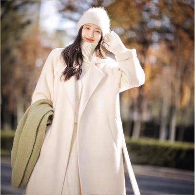 高端双面羊绒大衣女中长款2025年新款白色收腰气质显瘦羊毛呢外套