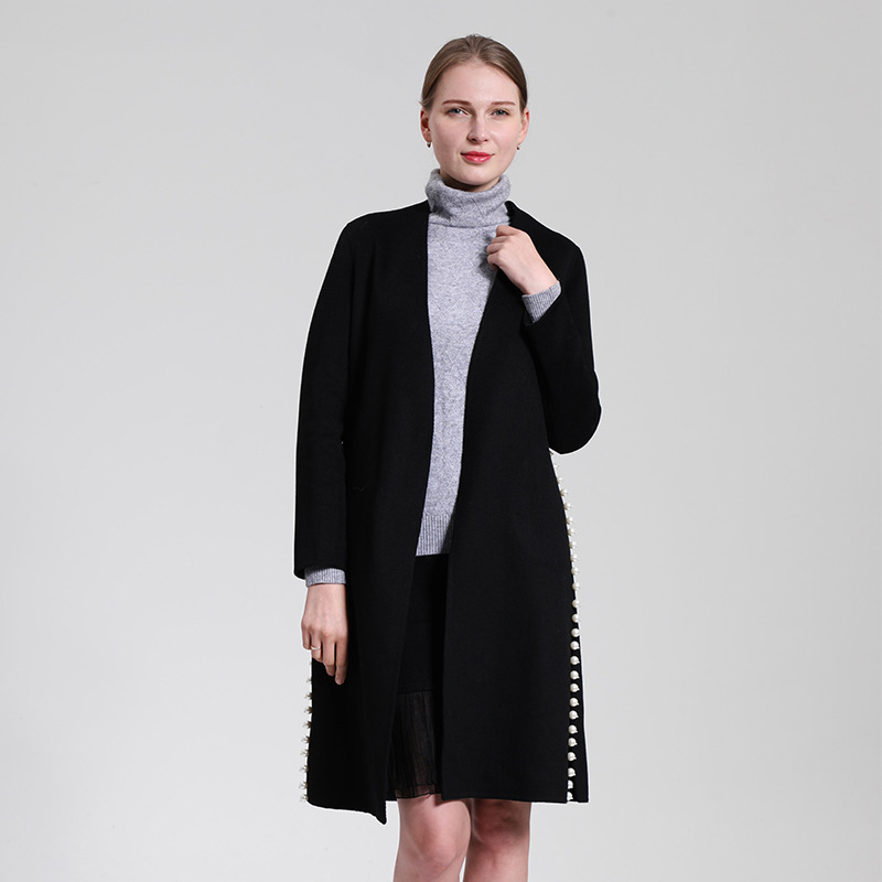 2025年秋冬双面黑色珍珠款羊绒女大衣黑色羊毛外套中长款女士风衣