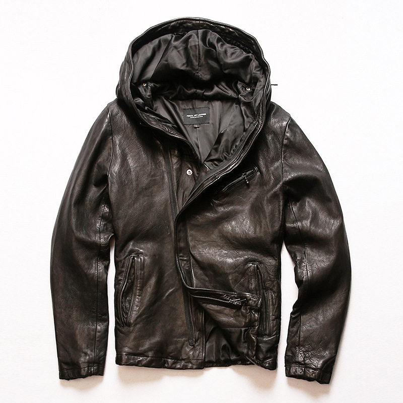 休闲运动斜拉链连帽真皮皮衣男女情侣款 日系新植鞣绵羊皮夹克