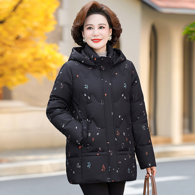 高端白鸭绒碎花冬款奶奶老年人女装羽绒服大码外套中年妈妈装