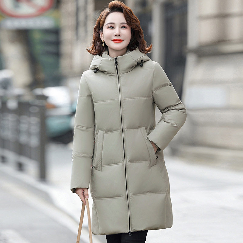 中年羽绒服女中长款2024冬季新款时尚洋气连帽保暧白鸭绒外套