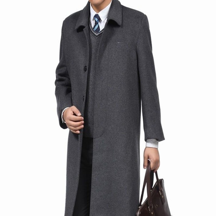2025年男士中长款羊毛大衣定制方领暗门襟呢风衣外套蓝黑色大衣款