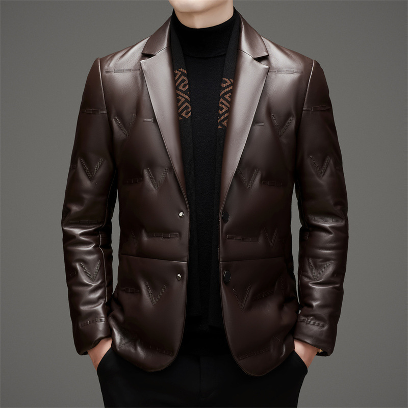 海宁头层绵羊皮羽绒围巾皮西服青中年皮衣西服男真皮绵羊皮羽绒服