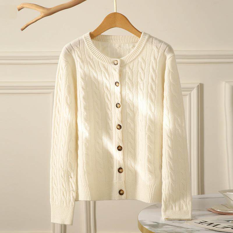 纯色圆领纯山羊绒针织麻花开衫女士绞花长袖毛衣加厚休闲羊绒外套