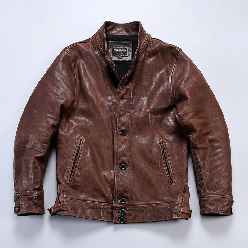 爱因斯坦真皮皮衣男立领纽扣重水洗植鞣褶皱牛皮夹克