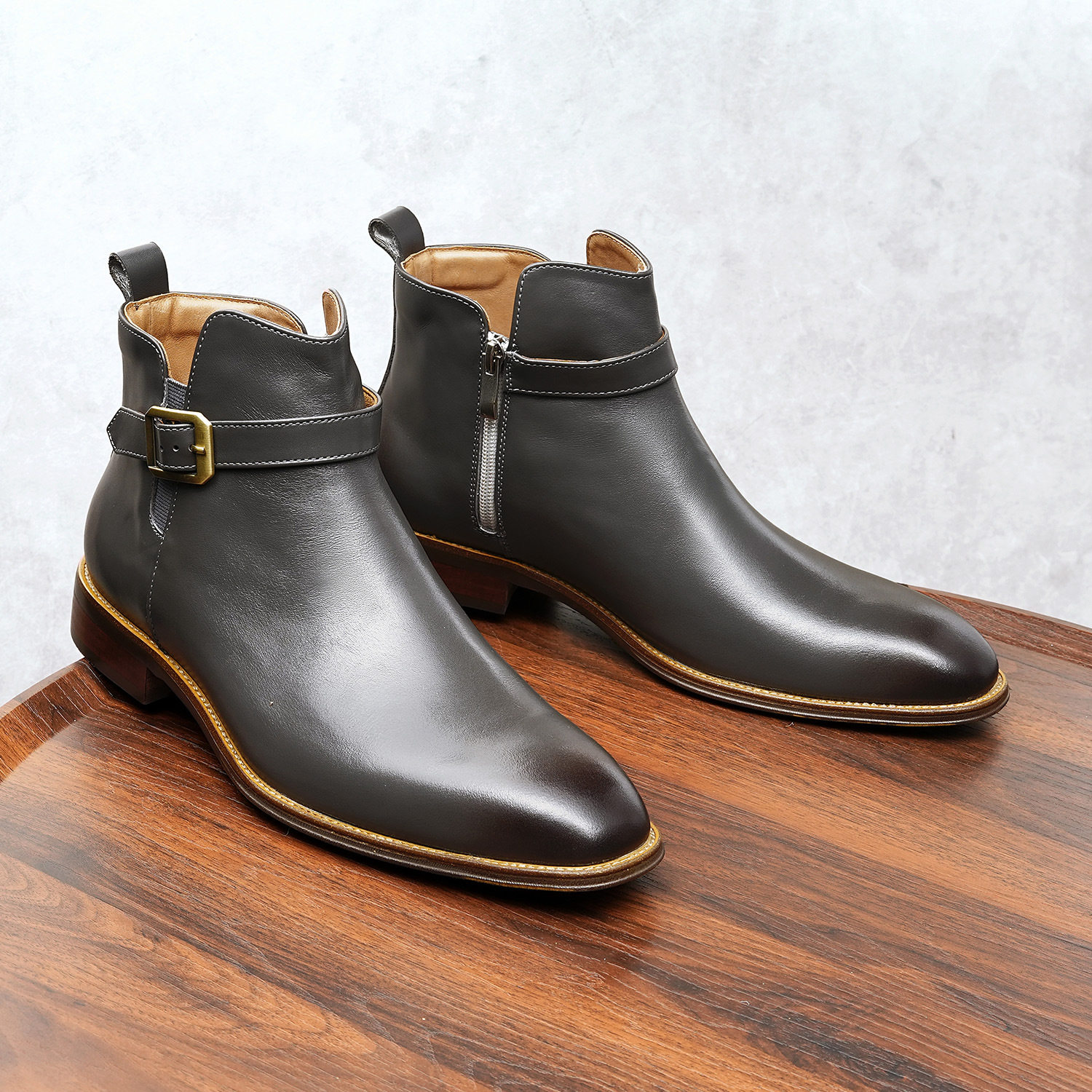 高帮皮鞋牛皮靴子男英伦风浅色皮靴商务正装拉链圆头靴真皮马丁靴