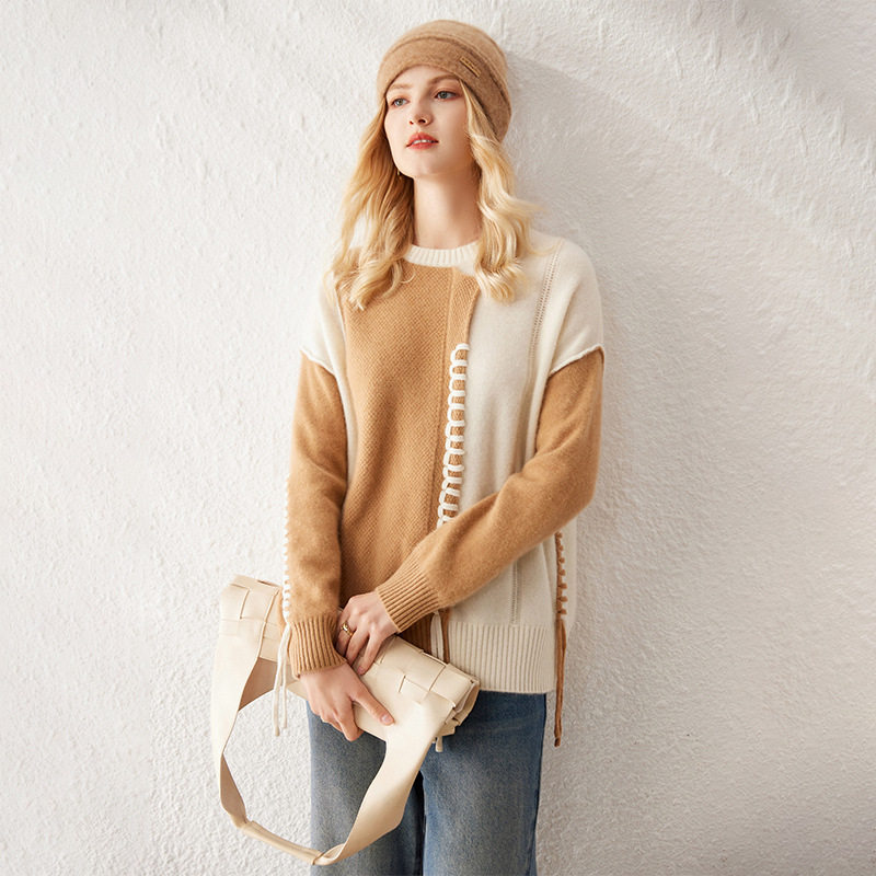 圆领拼接羊绒衫女宽松加厚针织打底衫流苏撞色落肩袖不规则毛衣