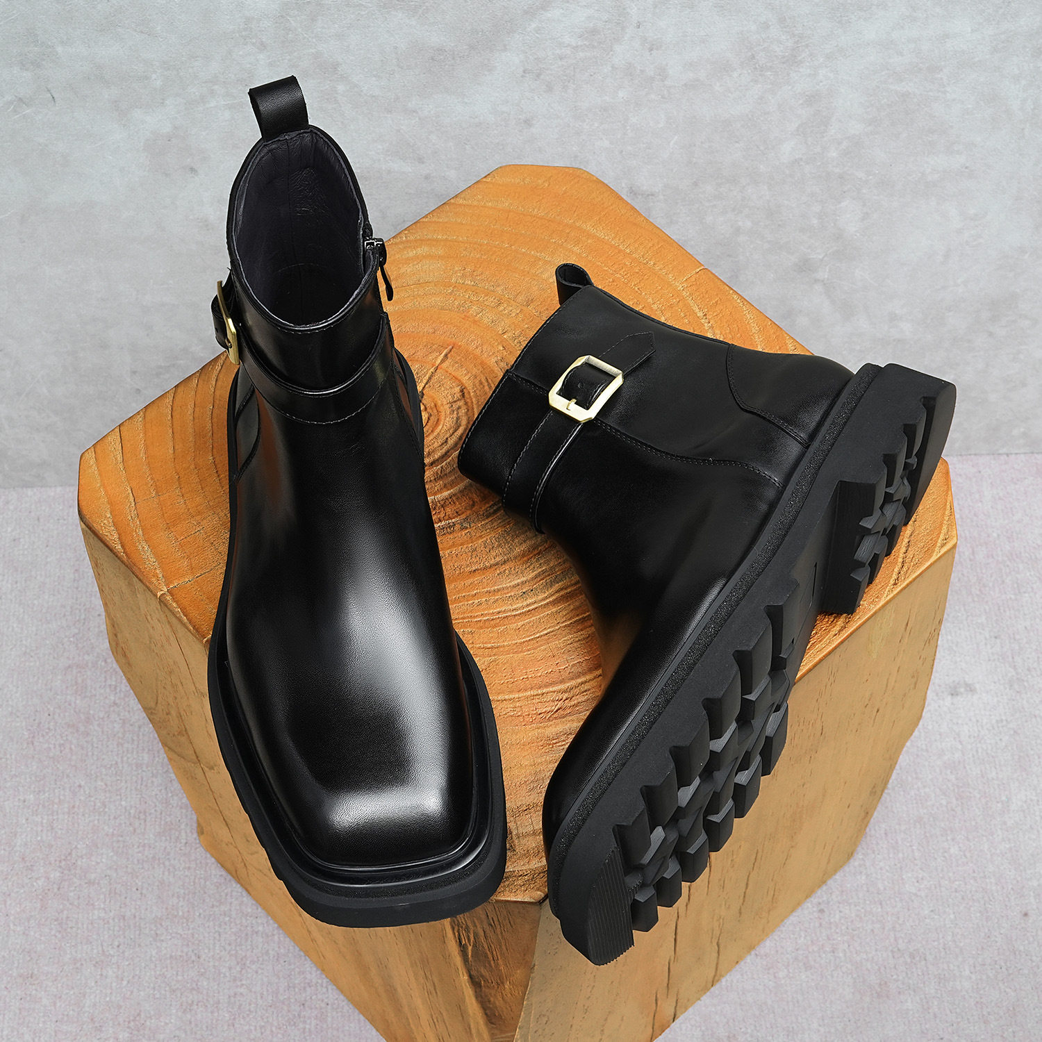 方头拉链牛皮靴男士皮靴短靴中跟厚底增高商务真皮皮鞋男保暖靴子