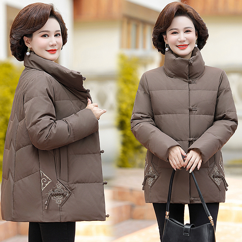2024年冬季新款奶奶羽绒服女洋气妈妈装加大码保暖立领中外套