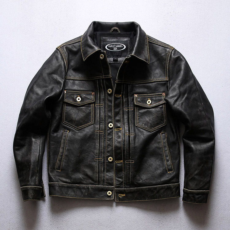 HARLEY L阿美咔叽真皮夹克男机车休闲507头层石磨牛皮皮衣