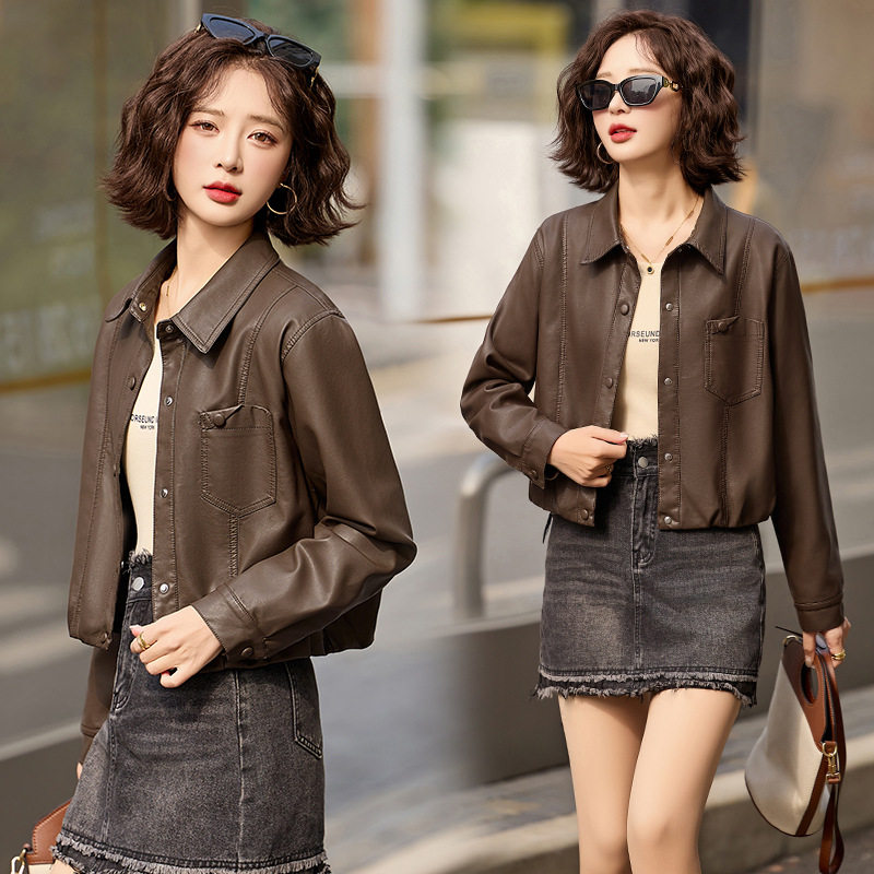 专柜海宁真皮皮衣绵羊皮春秋款女装时尚纯色机车显高皮夹克女外套