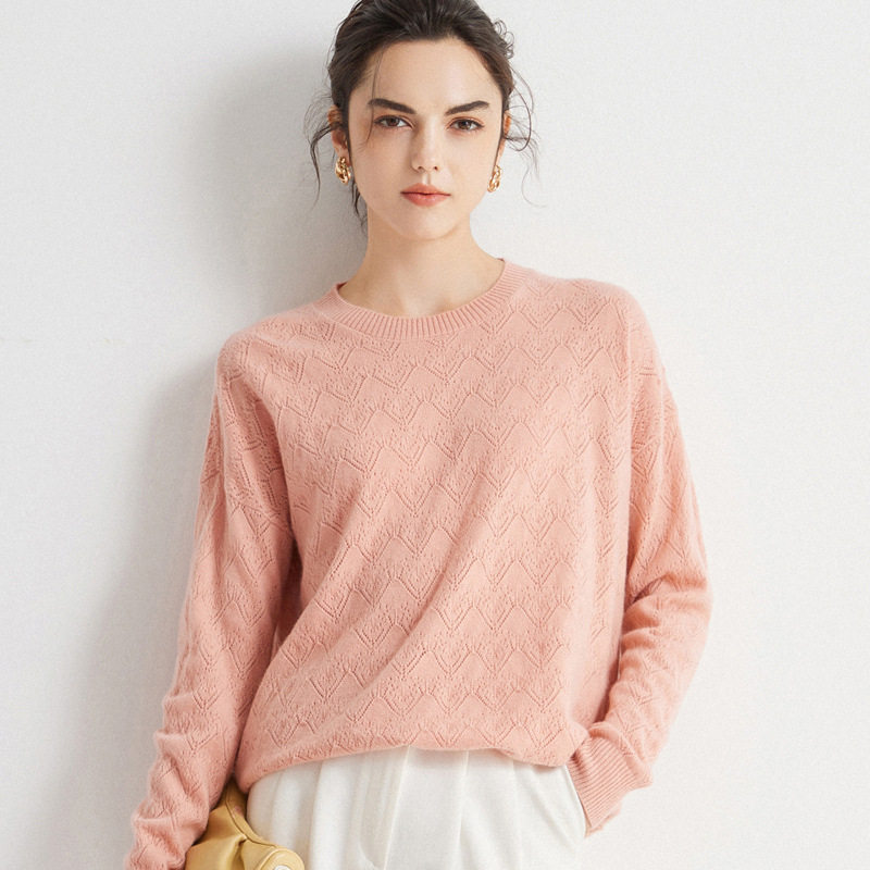 2023秋冬新款高端针织镂空圆领毛衣女100净山羊绒衫显瘦内搭打底