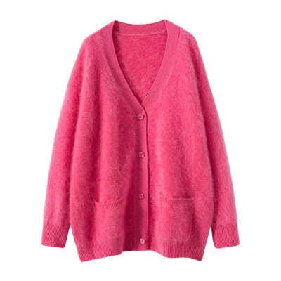 秋冬新款羊绒衫女纯山羊绒中长款v领拉绒开衫宽松大码毛衣外套厚