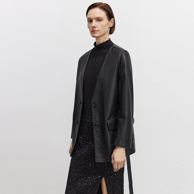 高端气质V领真皮皮衣女新款海宁春季时尚绵羊皮修身外套女