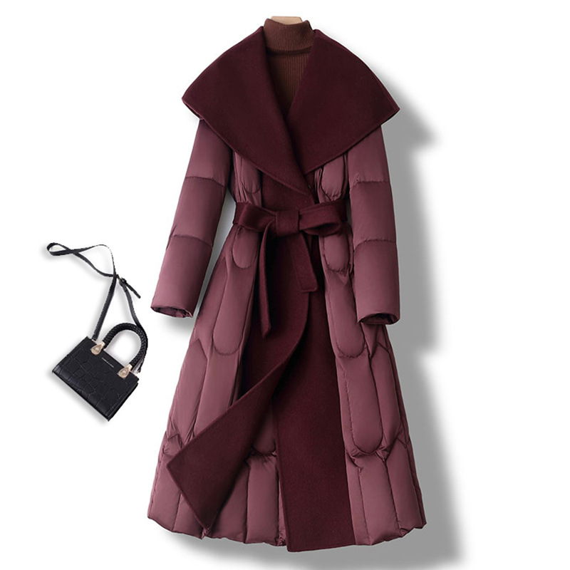 2025秋冬新款羊毛拼接羽绒服加厚大衣温暖时尚毛呢羽绒服