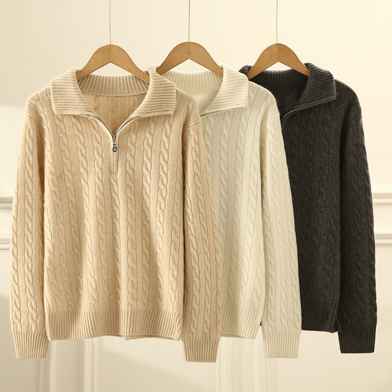 加厚半高拉链白色100山羊绒衫女2024秋冬休闲套头针织麻花毛衣