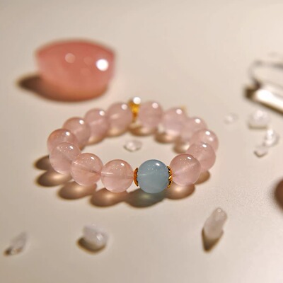 天然马粉水晶海蓝宝手串原创礼物