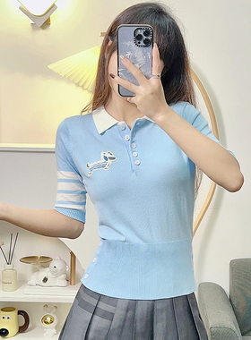 春夏tb学院风腊肠狗休闲针织衫卡通辣妹短袖毛衣蓝色polo上衣t恤