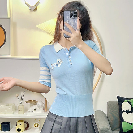 春夏tb学院风腊肠狗休闲针织衫卡通辣妹短袖毛衣蓝色polo上衣t恤