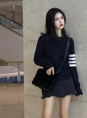 毛衣女tb秋冬新款上衣打底衫红色针织衫圆领修身条纹套头蓝色2025