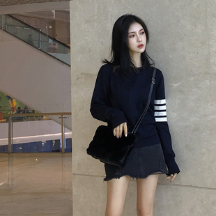 圆领修身 红色针织衫 条纹套头蓝色2025 上衣打底衫 毛衣女tb秋冬新款