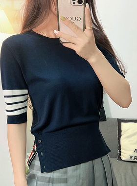 蓝色圆领短袖T恤女2025春夏新款正肩修身打底衫tb针织短袖棉上衣