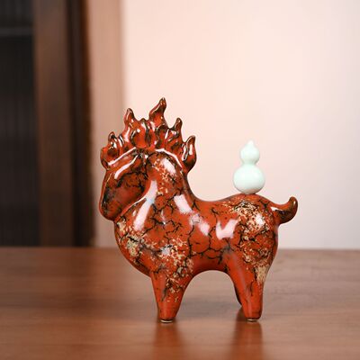 景德镇陶瓷马上有福摆件入户玄关酒柜红色中国风办公室装饰开业礼