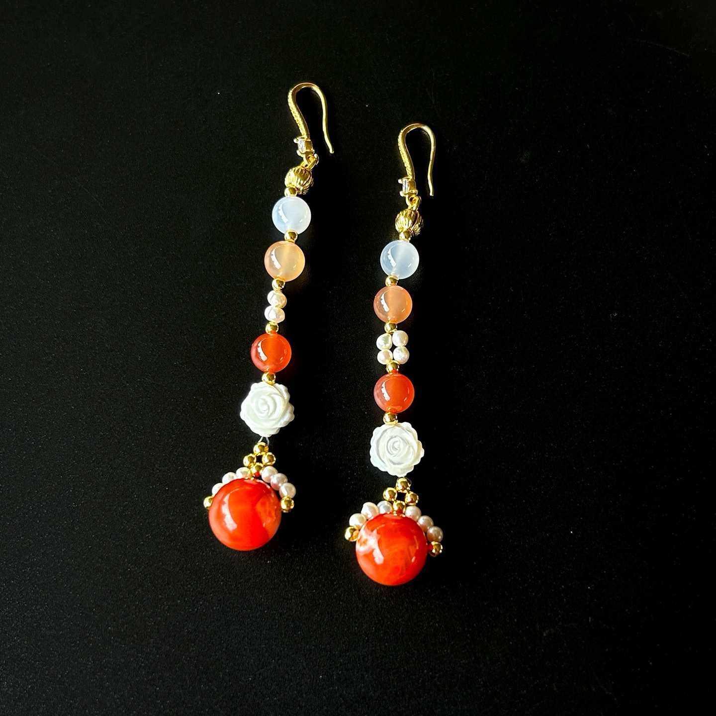 小红书爆款天然南红玛瑙贝壳雕刻花耳环新中式长款天然珍珠耳环