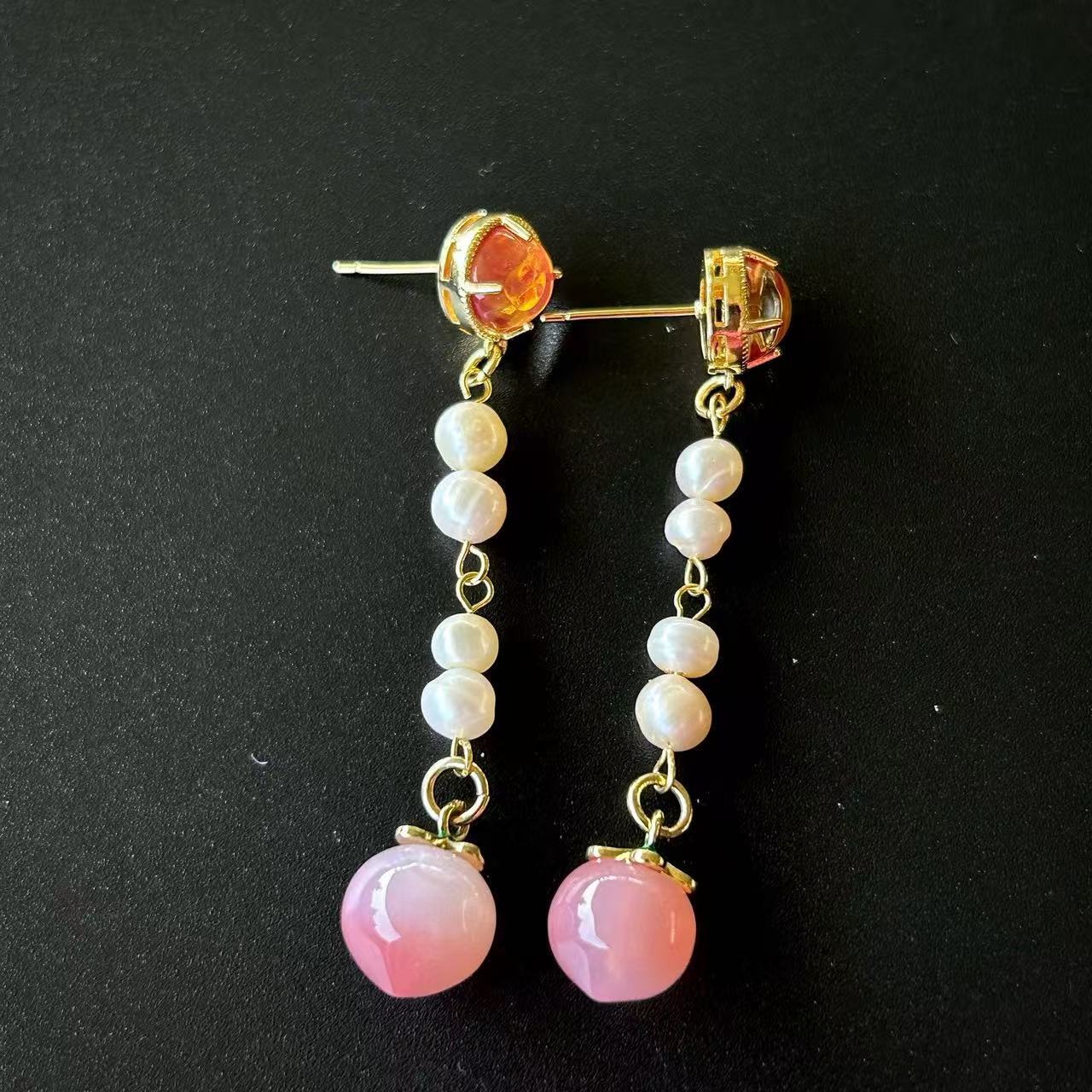 天然盐源玛瑙水蜜桃汉服古风耳环新中式温婉气质天然珍珠耳饰耳环