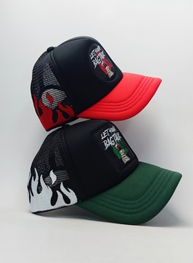 Let Your Bag Talk美式街头潮牌拼色货帽 火焰刺绣海绵网帽卡车帽