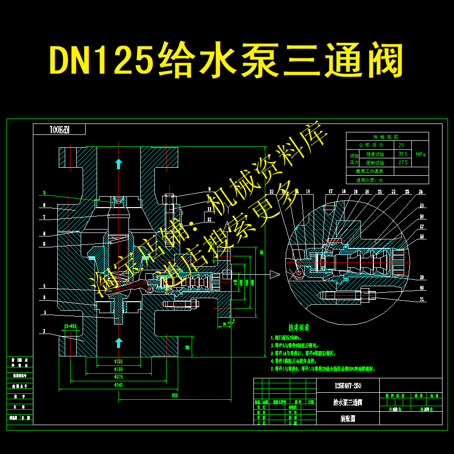 DN125給水泵三通閥CAD二維圖紙設計參考資料素材 876