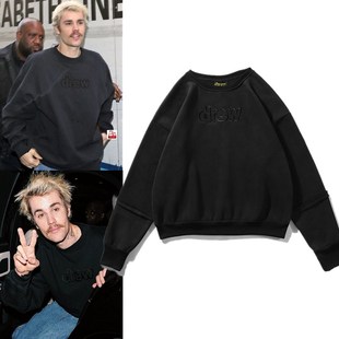 Drew笑脸黑色字母ins网红男加绒FOG高街潮牌宽松长袖 比伯刺绣卫衣