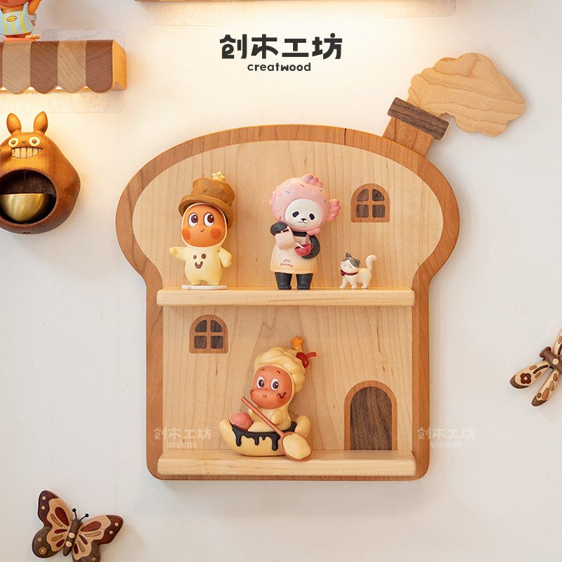 面包房子实木壁挂免打孔展示架图片
