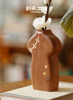 旗袍花插实木质工位桌装饰摆件