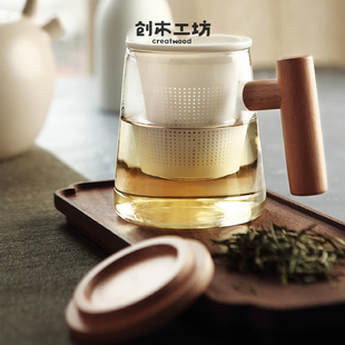 日式 木笙杯 玻璃杯创意个性 水杯泡茶杯子陶瓷内胆 创木工坊