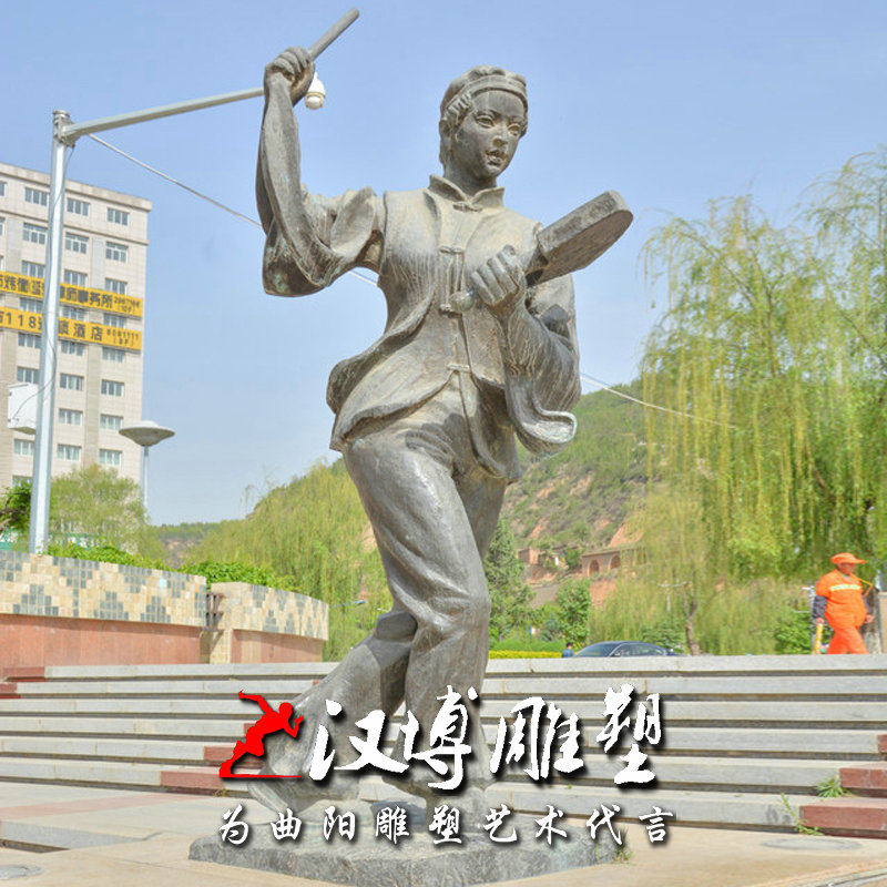玻璃钢仿铜人物雕塑陕北文化主题妇女打腰鼓雕塑民俗人物雕塑