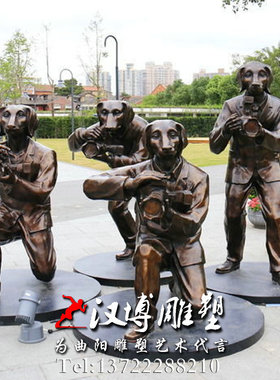 玻璃钢铜雕塑兽面人身狗头记者雕塑狗仔队摄影师雕塑城市景观雕塑