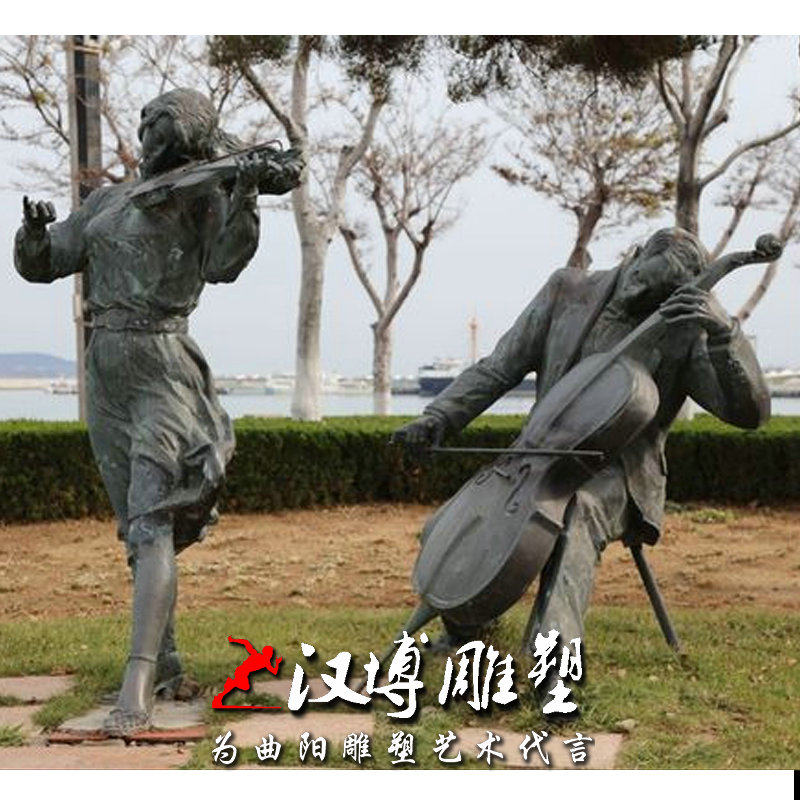 玻璃钢树脂仿铜西方音乐人物拉小大提琴雕塑城市广场公园景观铜雕