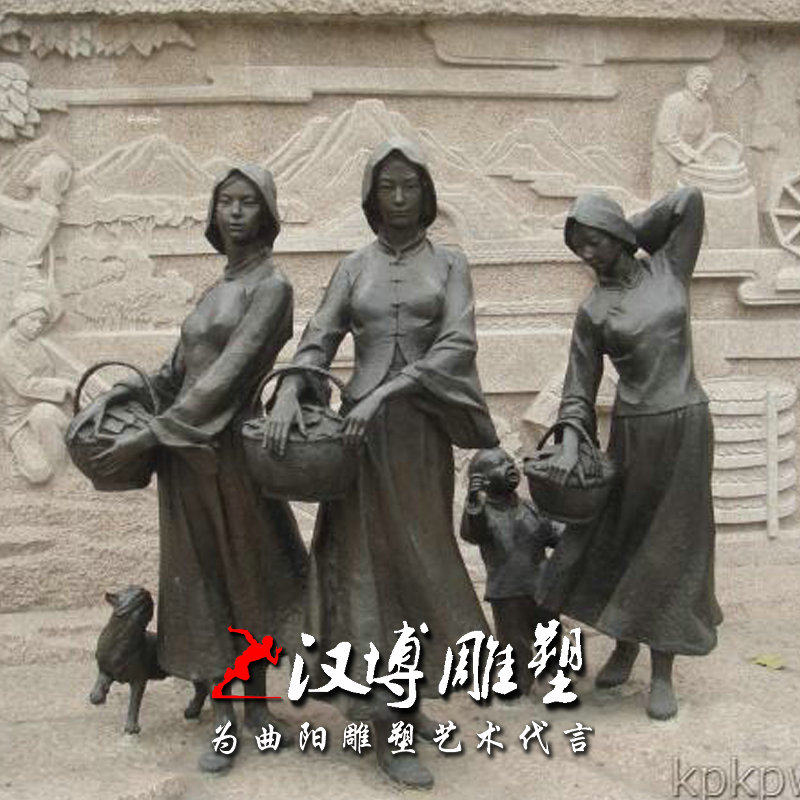 玻璃钢仿铜人物雕塑景观广场养蚕纺织主题人物铸铜养蚕人物定制做