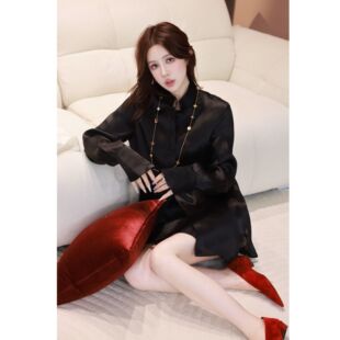 郭彦彤【白茶轻纱】真丝轻薄长袖时尚新款衬衫立领上衣女DD1291