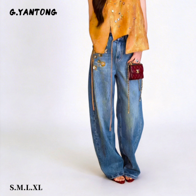 春季新款钉珠高腰显瘦牛仔裤