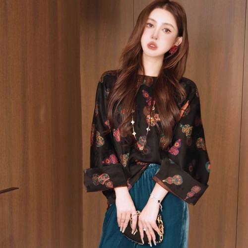 人丝香云纱圆领斜襟长袖上衣