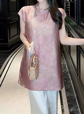 新中式风真丝立领短袖上衣女通勤绿色提花盘扣中长款贵气优雅LYQ1