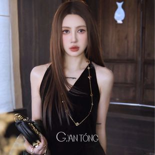 G.yantong彦彤100%桑蚕丝丝绒法式 显瘦DD1221 V领挂脖吊带上衣秋款