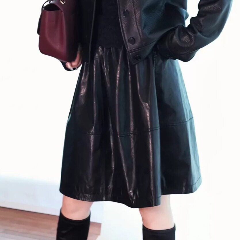 秋冬新款复古高腰压褶半身皮裙女