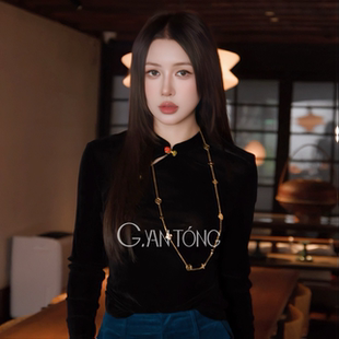 G.yantong郭彦彤2026新款国风斜襟丝绒打底衫上衣女冬款显瘦D1232