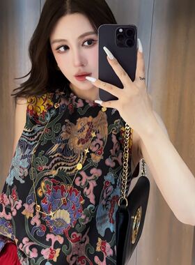 G.yan郭彦彤国风重工背心上衣夏季新款显瘦高级百搭中式印花DDL78