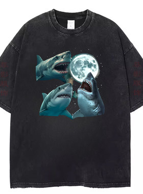 有趣的Three Sharks Howling at Moon复古水洗黑做旧短袖t恤上衣